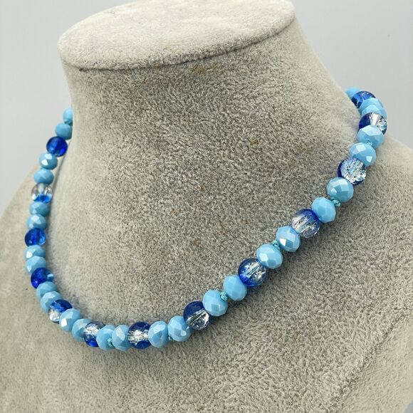 Hand Knotted Blue Crackle Glass Beaded Choker Necklace Artisan New Boho Cute - Picture 3 of 7